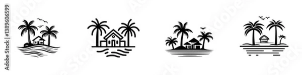Fototapeta Minimalist vector line icons representing tropical landscapes with palm trees and seaside homes