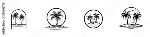 Fototapeta Minimalist line icons depicting tropical islands and palm trees in a stylish vector design
