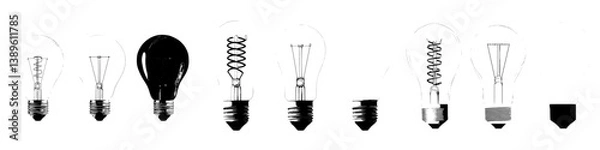 Fototapeta Modern cartoon icons include lightbulbs and lamps, featuring isolated electric LED and incandescent or energy saving light bulbs, along with cartoon or realistic lamps
