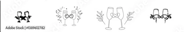 Fototapeta A pair of wine glasses symbolize celebration, accompanied by wineglasses, grape leaves, and swirls, forming a decorative ornament icon, representing a romantic party with clinking glasses