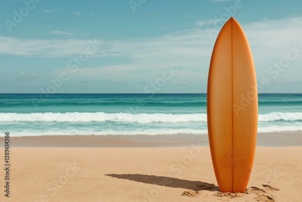 Fototapeta Bright orange surfboard stands against serene beach and gentle w
