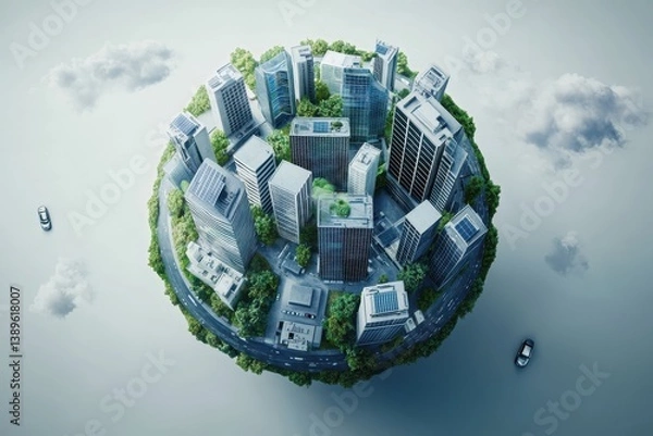 Obraz Miniature Globe Displaying a Modern City with Green Spaces in an Urban Environment Under a Cloudy Sky Representing Sustainable Architecture and Ecological Design