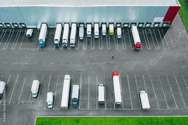 Fototapeta Aerial view of different logistic trucks at the loading docks of a large distribution warehouse