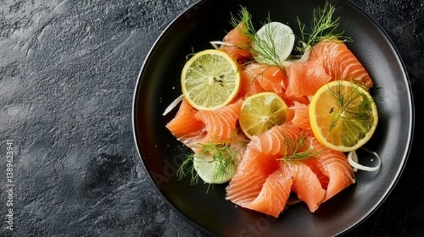 Obraz Elegant salad with smoked trout, frisée, citrus segments and fennel, fine dining styling, minimal background
