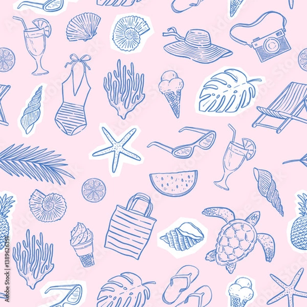 Obraz Summer beach vacation and travel seamless background. Pattern with hand drawn summertime things and items. Vector design for wallpaper, wrapping paper, prints, fabrics.