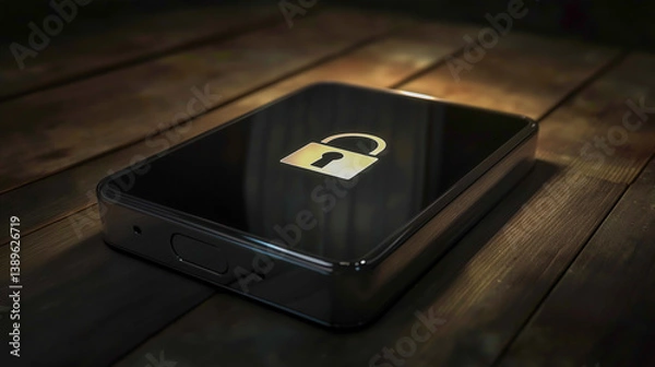 Fototapeta Secure mobile device showcasing online security features with a lock symbol illuminated on a wooden surface