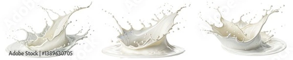 Fototapeta Set of dynamic milk splashes in motion forming circular splash crowns cut out isolated Transparent PNG Elements