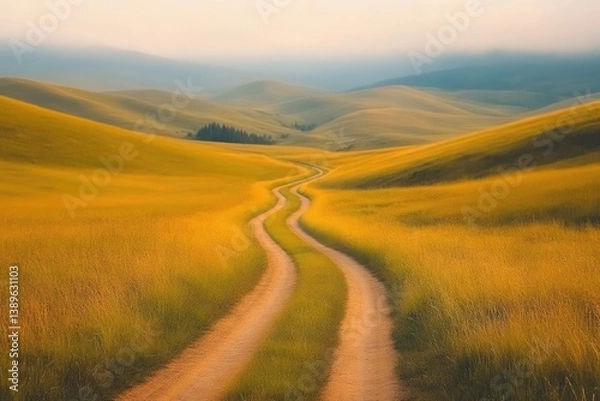 Obraz Golden fields, winding road through hills.  A serene rural landscape with a pathway meandering through tall grass, leading to a hazy mountain range.  Golden sunlight bathes the fields,
