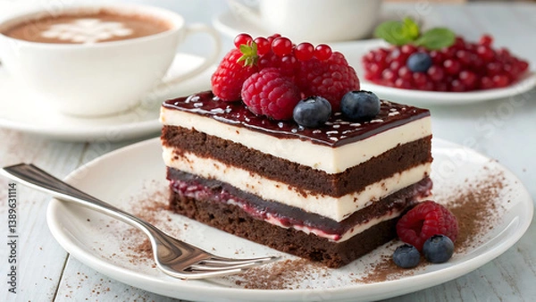 Fototapeta Elegant Chocolate Layer Cake with Cream and Berries, Served with a Cup of Cappuccino on a Cozy Marble Table