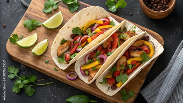 Fototapeta Grilled Chicken Tacos with Colorful Bell Peppers, Red Onion, Fresh Cilantro, and Lime Wedges on a Rustic Wooden Board