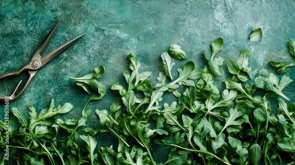 Obraz Realistic image of arugula leaves harvested with scissors, laid on slate cutting board