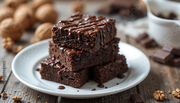 Fototapeta Rich and Fudgy Chocolate Brownies with Walnuts, Topped with a Decadent Chocolate Drizzle on a White Plate