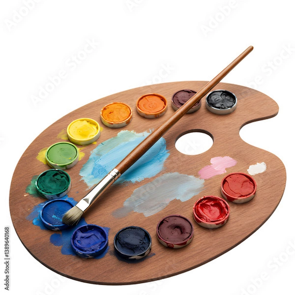 Obraz Wooden artist's palette with vibrant paint colors and a paintbrush, isolated white and transparent background; concept for art supplies, painting tutorials, and graphic design templates