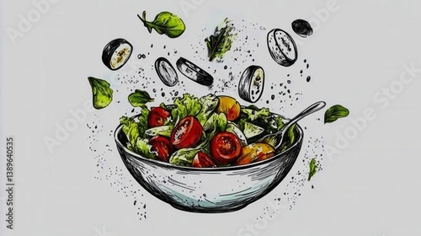 Obraz Stylized vector drawing of salad bowl with flying ingredients, concept food icon on white background