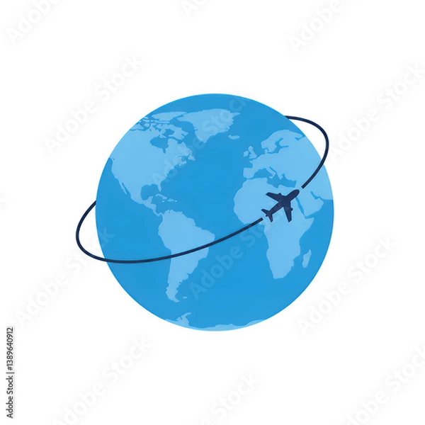 Fototapeta Isometric globe with airplane orbiting on isolated white and transparent background, concept for travel agency, worldwide delivery, and global business