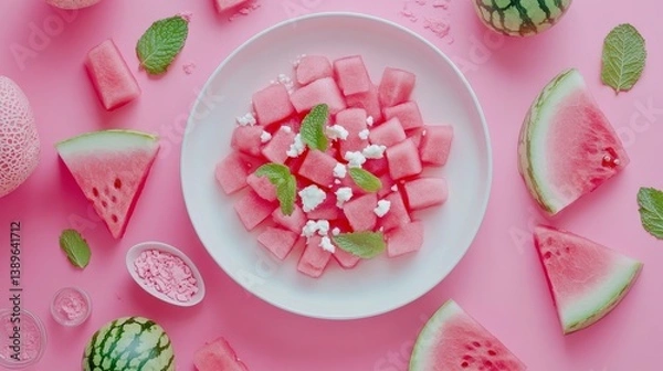 Obraz Top-down minimalist salad with watermelon, mint and feta, bright colorful ingredients, white plate