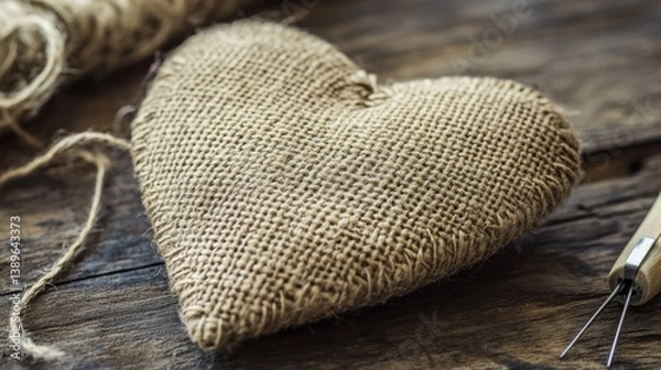Fototapeta Burlap heart, needle, thread. Generative AI
