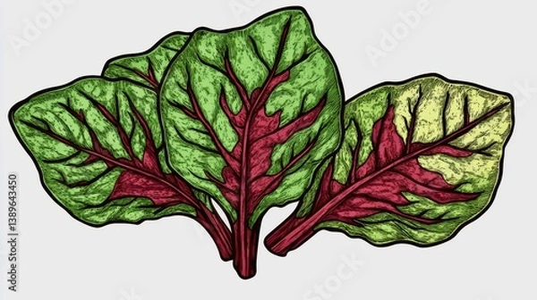 Obraz Vector-style drawing of multicolored beet leaves, clean thick lines and high-contrast green-red tones, isolated
