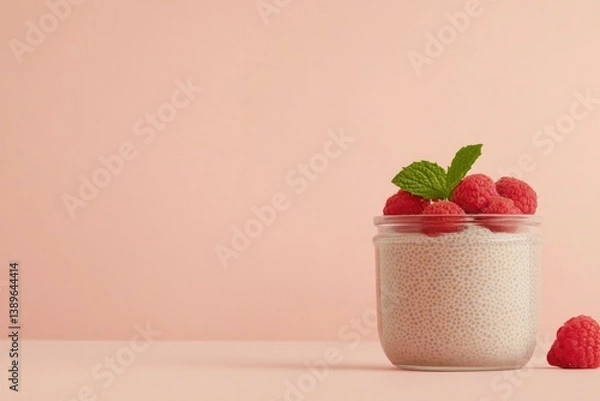 Fototapeta Delicate dessert in jar topped with fresh raspberries and mint l