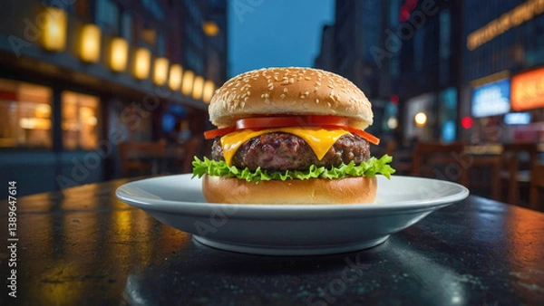 Fototapeta burger against the backdrop of a night street