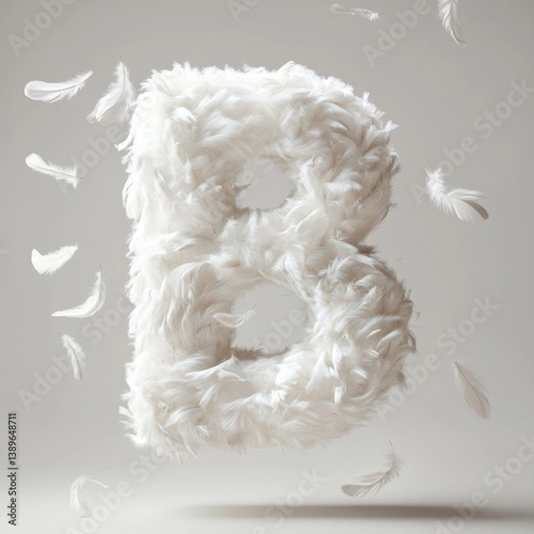 Fototapeta A soft, three-dimensional letter "B" constructed from white feathers. The letter appears to float slightly above a neutral background, with several individual feathers scattered around it