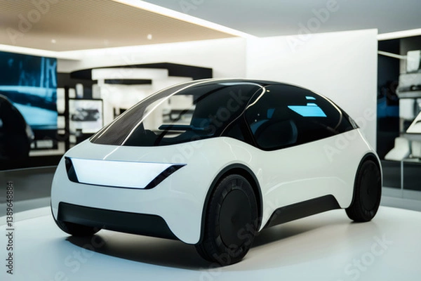 Fototapeta White electric car with black wheels standing on rotating platform in modern car dealership showroom