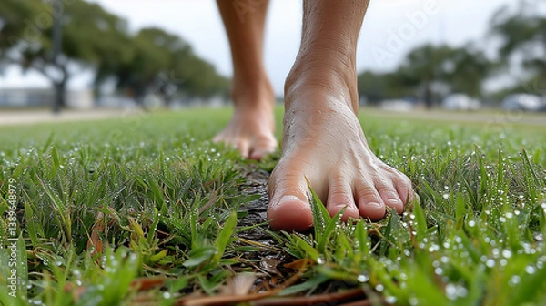 Obraz Bare Feet on Dewy Grass with Blurred Background