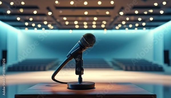 Fototapeta Microphone on podium ready for speech in illuminated auditorium  