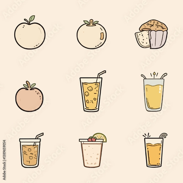 Fototapeta Flat color icons of fruit juices and drinks in minimalist vector style