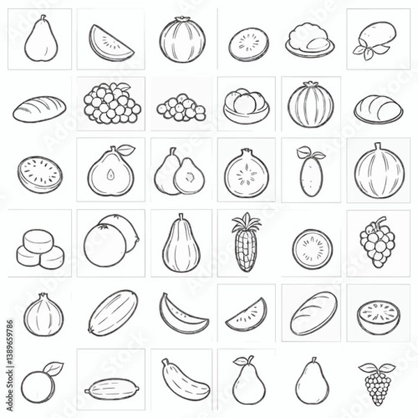 Obraz Monochrome line food icons in a uniform grid of fruits and vegetables