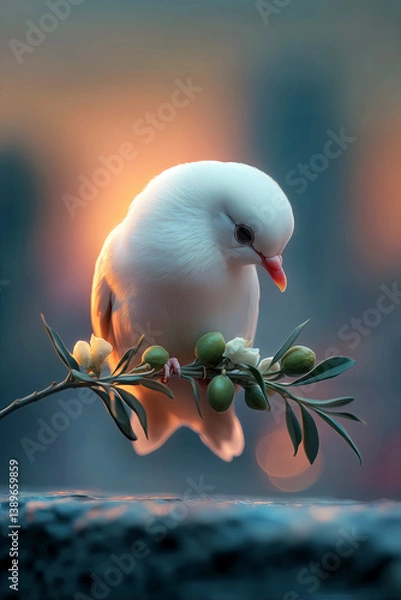 Fototapeta Peaceful nature photography with white dove and olive branch. Symbol of peace and serenity