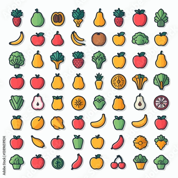 Obraz Colorful minimal food icons with fruit and vegetable arranged in rows