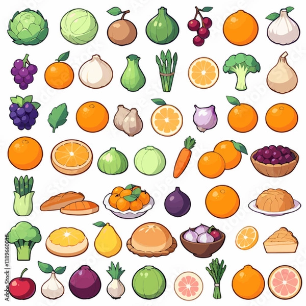 Obraz Flat colorful fruits and vegetables icons with clean outline details
