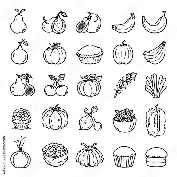 Obraz Black stroke icons of fruits and baked goods in neat hand-drawn style