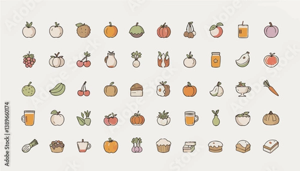 Fototapeta Tiny assorted food icons in muted colors with fruit and bakery elements