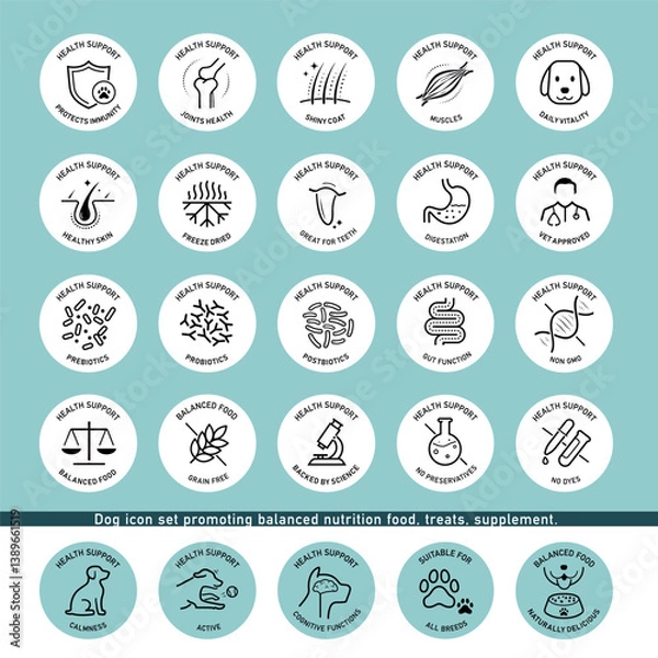 Fototapeta A set of icons for pet treats. The main benefits from a balanced treats. The outline icons are well scalable and editable. Contrasting elements are good for different backgrounds. EPS10.