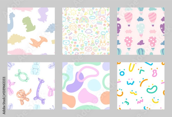 Fototapeta Childish pattern set. Collection of pretty backgrounds for baby shower, cards, wrapping paper, scrapbooking covers. Seamless patterns with dinosaurs, monsters, animals, smile, faces, scribble, balloon