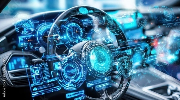Fototapeta Hyperrealistic closeup of a modern car dashboard digital display interior automotive technology futuristic concept