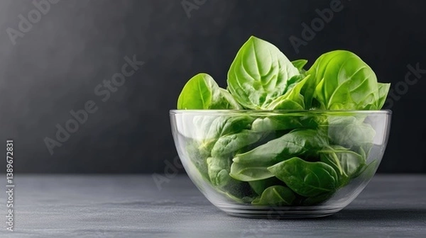 Fototapeta Fresh, vibrant spinach leaves in a clear glass bowl