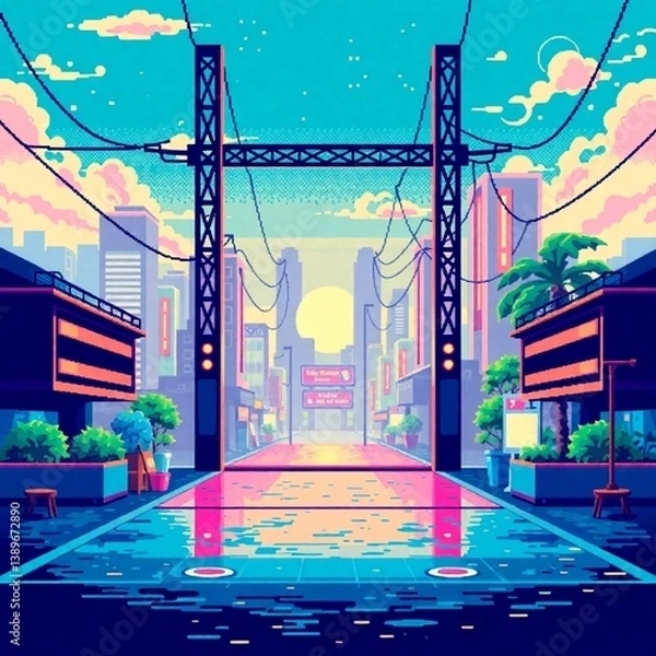 Obraz High-resolution stock photo professional quality pixel art, vibrant retro color palette. Image has a strong sense of depth and perspective
