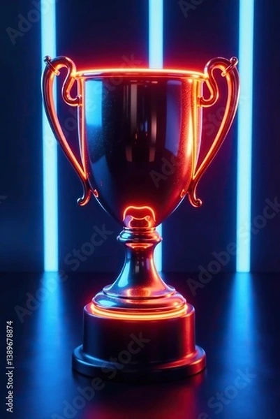 Obraz Futuristic champion trophy glowing on blue neon background,  victory,  recognition