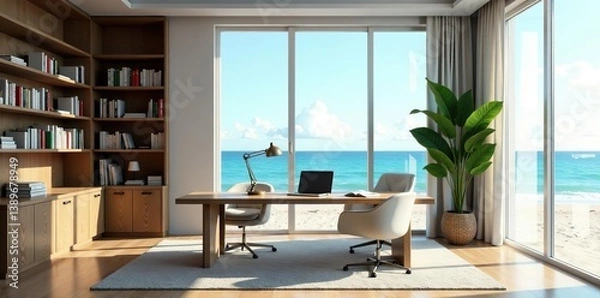 Fototapeta Contemporary office study with ocean bookshelf background and beach window backdrop,  office,  room