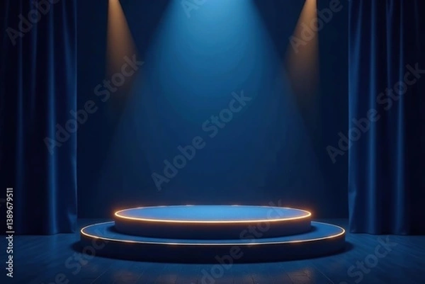 Obraz Dark blue stage with golden spotlight lines, glitter texture, 3D abstract background for award ceremony, anniversary, winner rewarding,  elegant,  award ceremony