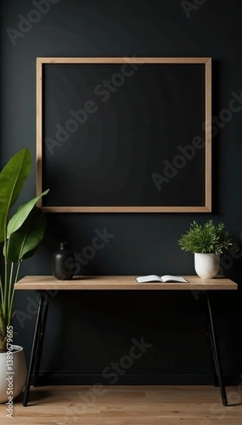 Obraz Dark chalkboard studio background with a horizontal black board, perfect for showcasing products in a showroom setting,  design,  retail
