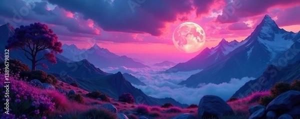 Fototapeta Fantastically beautiful unreal landscapes with neon glow created by Generative AI,  dreamlike,  otherworldly