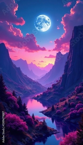 Fototapeta Fantastically beautiful unreal landscapes with neon glow created by generative AI,  surreal,  futuristic
