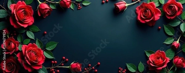 Obraz Dark floral background with red roses and decorative vines,  design, dark