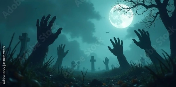 Obraz Dark, eerie Halloween background with spooky zombie hands reaching out from a misty graveyard,  haunted,  creepy