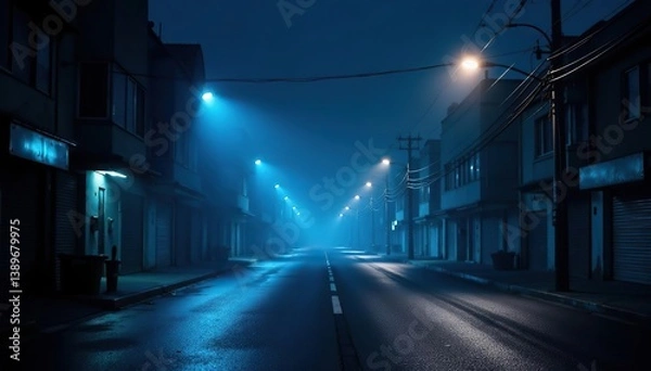 Fototapeta Dark empty street with neon lights and spotlights, illuminated by a dark blue background, creating a mysterious and surreal atmosphere,  spotlights,  texture