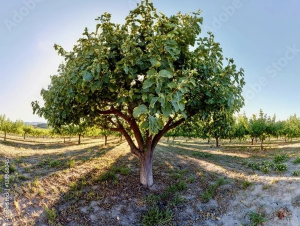 Obraz Full-body walnut tree in a summer orchard, green canopy under soft daylight, wide-angle view, clear sky background